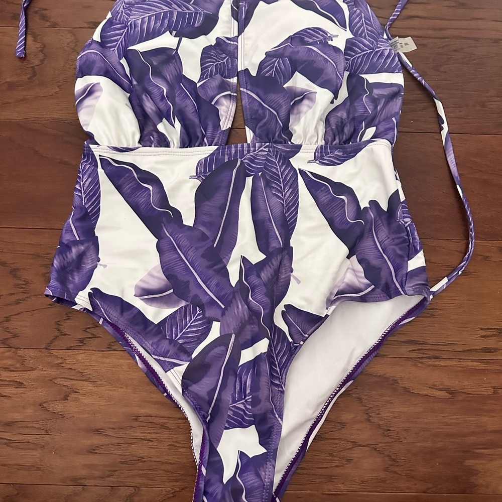 Purple Leaf Print Kids Swimsuit
